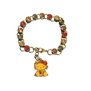 Hello Kitty Sanrio Silver Tone Charm Bracelet Pink Blue Clear Rhinestones 8"